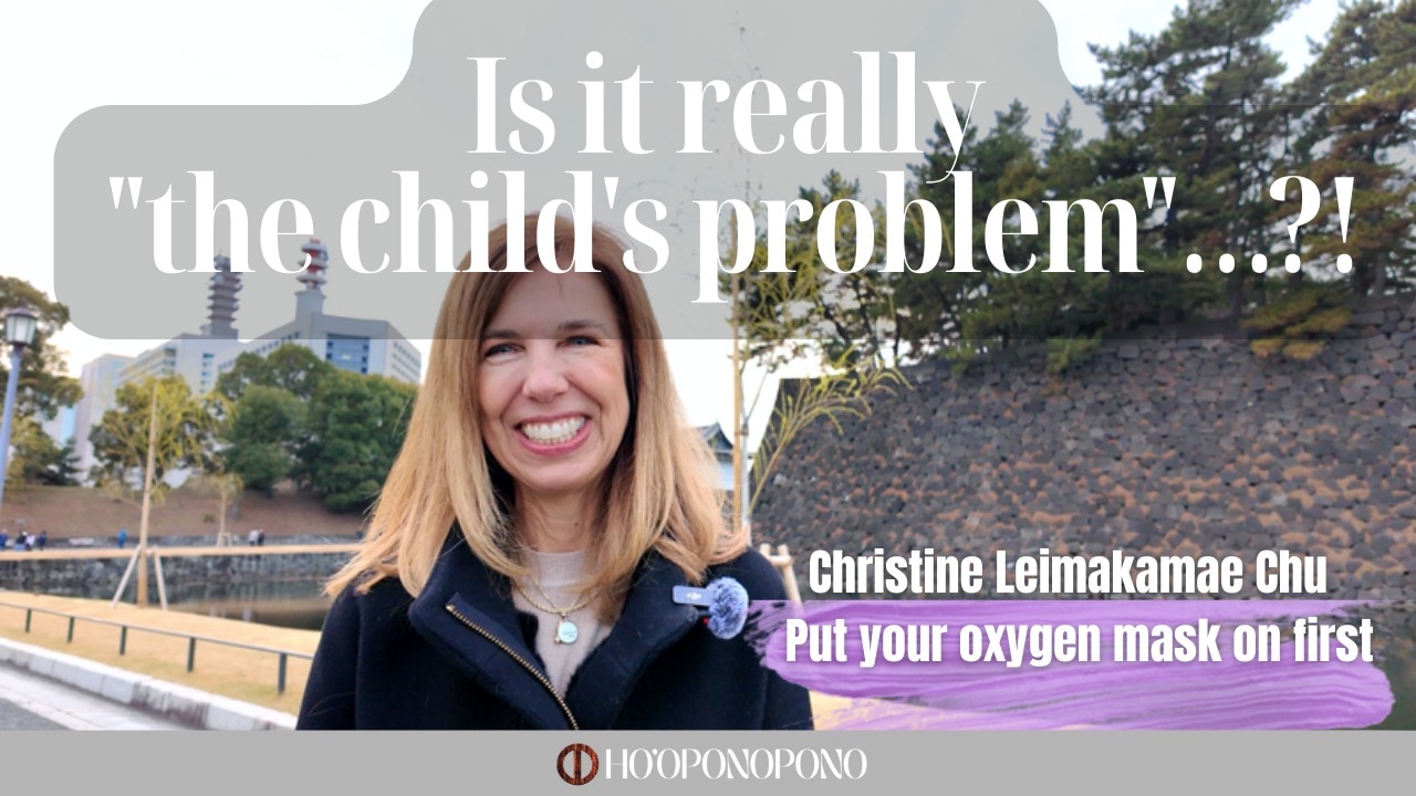 Smiling woman outdoors on a video thumbnail with bold white captions: "Is it really the child's problem?!" and "Put your oxygen mask on first" with gray shapes and a purple brush stroke behind the text.