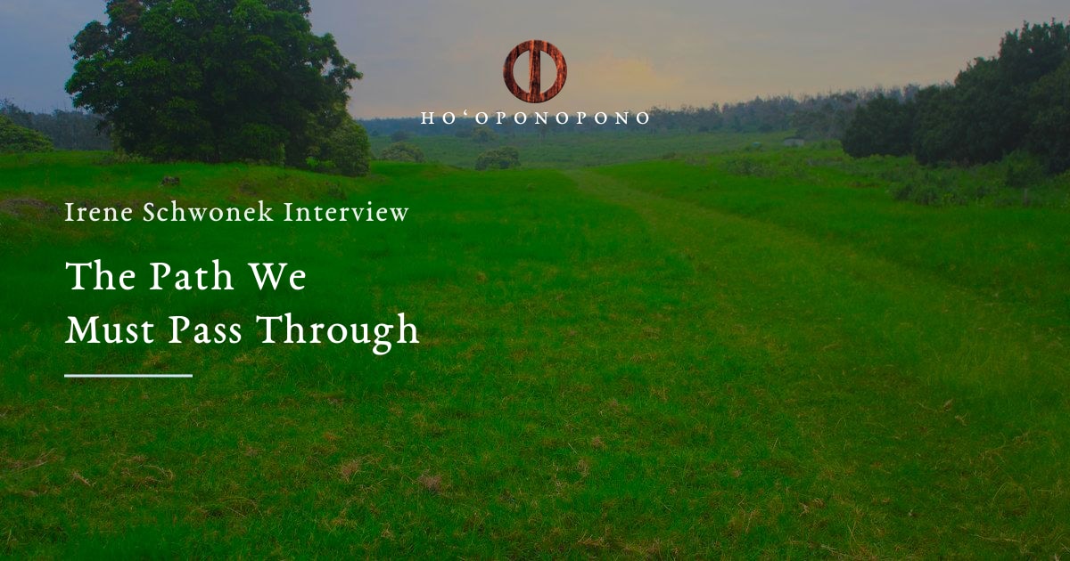 Green field with a winding path and a distant tree line, overlaid with the title 'Irene Schwonek Interview: The Path We Must Pass Through' and a logo at the top.